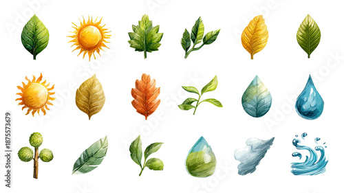 Nature element icon set featuring leaves sun water drops plants trees seasonal symbols arranged collection isolated on white background