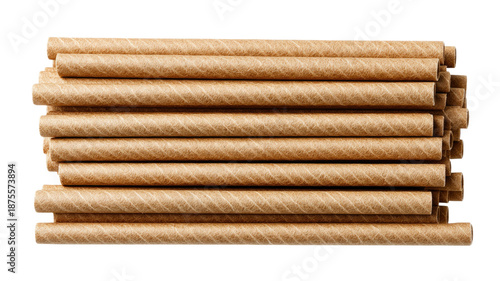 Brown kraft paper drinking straws stacked horizontally for beverage service takeaway catering supplies isolated on white background