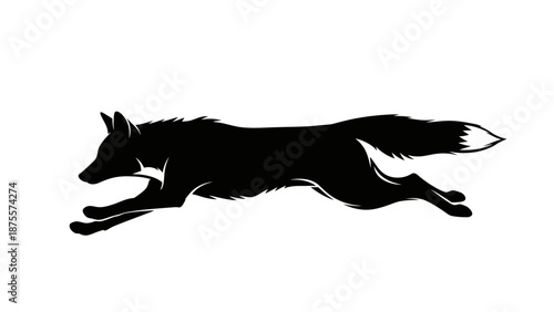 Black Silhouette of Running Fox Animal.