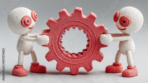 Two small, white and red figurines turning a large red gear