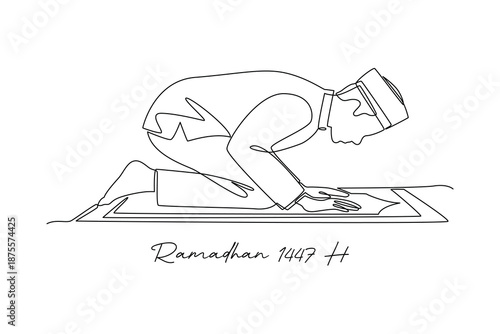 Holding Tasbih for Dhikr in Ramadan. Ramadhan 1447 H Concept. Single line draw design. Vector graphic illustration