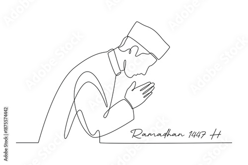 Man Bowing in Prayer During Ramadan. Ramadhan 1447 H Concept. Single line draw design. Vector graphic illustration