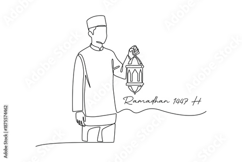 Man Carrying Lantern Celebrating Ramadan. Ramadhan 1447 H Concept. Single line draw design. Vector graphic illustration