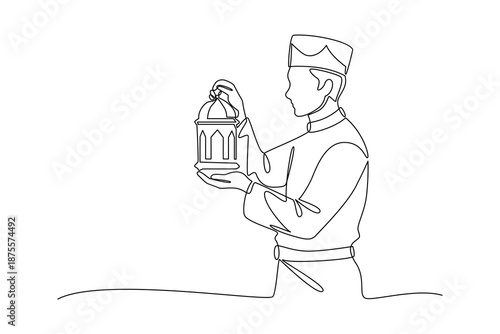 Man Holding Lantern Welcoming Ramadan. Ramadhan 1447 H Concept. Single line draw design. Vector graphic illustration