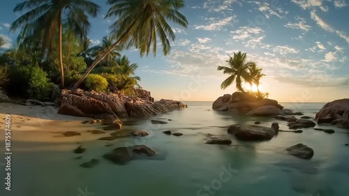 Tranquil tropical beach scene with palm trees and calm water at sunset