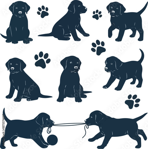 Sets of dark blue silhouettes showing cute labrador puppies in various playful poses and a dog paw print