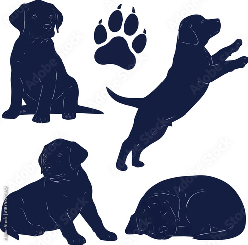  Sets of dark blue silhouettes showing cute labrador puppies in various playful poses and a dog paw print