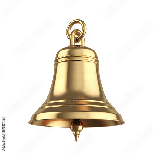 Golden bell with metal ring and clapper hanging from top isolated on transparent background