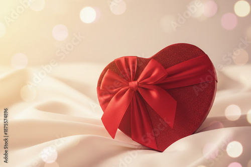 Elegant red heart-shaped gift box with satin ribbon on luxurious white silk fabric