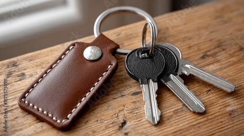 Keychain with three metallic keys and a brown leather tag resting on a wooden surface, showcasing everyday objects and their practical use in daily life and organization