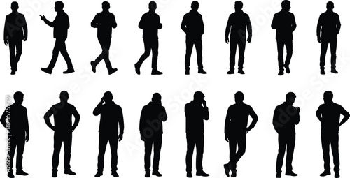 Fifteen male silhouettes in walking and standing poses on white background for animation reference, posture analysis, and human gesture design concepts.