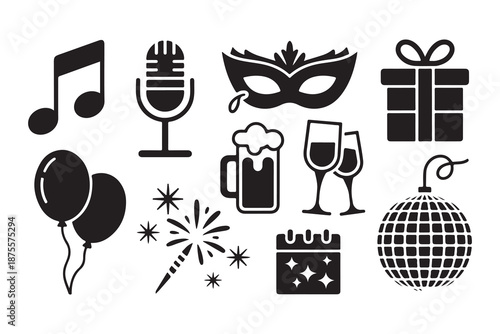 Party and celebration icons set with music microphone mask beer glasses disco ball and calendar for events