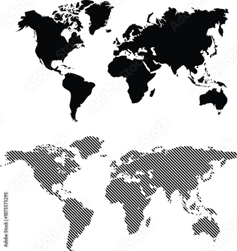 world map continents in black and white contrast