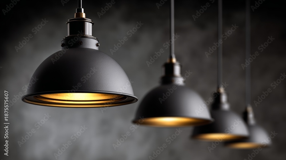 Obraz premium Stylish black pendant lights hanging in a row, illuminating a modern space with warm glow, showcasing contemporary design elements and creating an inviting atmosphere for interior decor