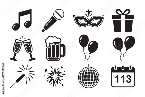 Party and celebration icons set including music microphone mask gift balloons beer glasses and disco ball