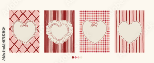 Vintage Valentines day heart shaped lace frames collection on tartan charming background. Retro hand drawn romantic holiday borders clipart set. Vintage love valentine empty frame invitation template
