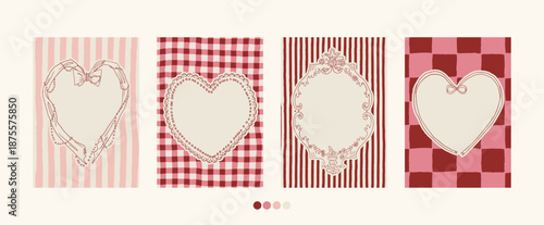 Vintage Valentines day heart shaped lace frames collection on tartan charming background. Retro hand drawn romantic holiday borders clipart set. Vintage love valentine empty frame invitation template