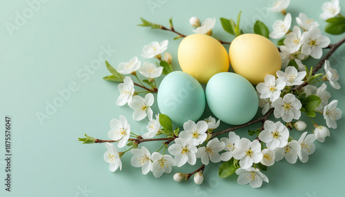 Colorful easter eggs and spring flowers on mint background, copy space