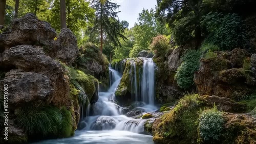 Tranquil waterfall cascading through lush green vegetation and rocks