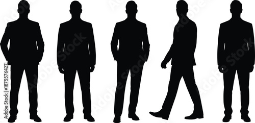 Five male business silhouettes in formal attire on white background, representing professionalism, uniformity, corporate identity, and workplace anonymity in business-themed visuals.