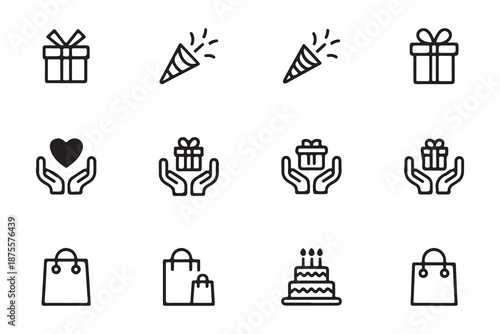Outline birthday and shopping icons with gift box party popper hand holding heart and paper carrier bag