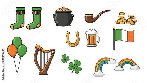 A collection of St. Patrick's Day symbols including a pot of gold, shamrocks, a harp, and an Irish flag.