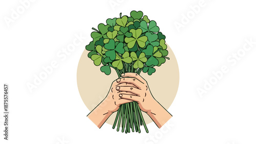 A bouquet of lush green clovers held by two hands, symbolizing luck and nature.