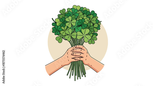 A bouquet of green clovers held by two hands, symbolizing good luck and nature.