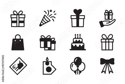 Holiday celebration flat icons including gift boxes party popper birthday cake balloons and ribbon bow