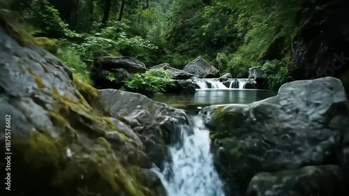 Tranquil waterfall flowing through a lush green forest landscape