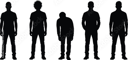 Five male silhouettes in varied postures and hairstyles on white background for character design, posture analysis, and psychological or artistic representation themes.