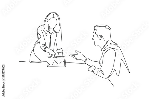 Business Team Exchanging Ideas During Discussion. Coworkers collaborating Concept. Single line draw design. Vector graphic illustration