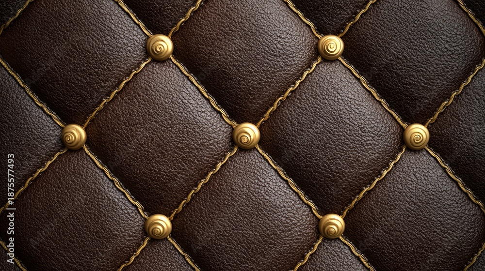 Naklejka premium Close-up view of luxurious brown leather upholstery featuring intricate diamond tufting and golden decorative buttons, showcasing rich textures and craftsmanship in a sophisticated design aesthetic