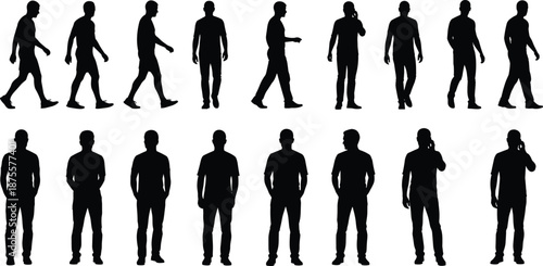 Male silhouette sequence showing walking and standing poses on white background for animation, posture analysis, and human motion design applications.