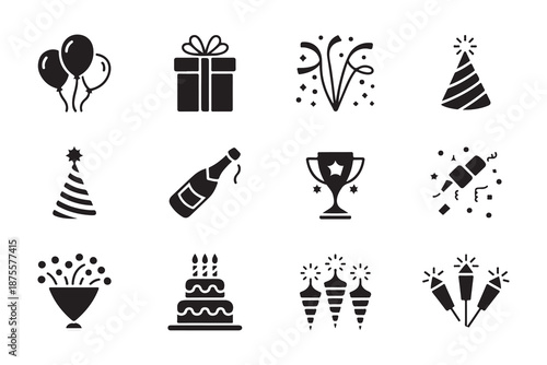Party and celebration icons set including balloons gift boxes confetti and champagne for festive events
