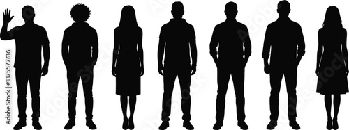 Seven diverse human silhouettes in varied postures and outfits on white background for group dynamics, identity design, and gender representation themes.