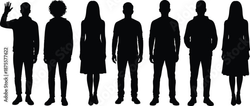 Seven diverse human silhouettes in varied postures and outfits on white background for unity, identity, and gender representation design themes.