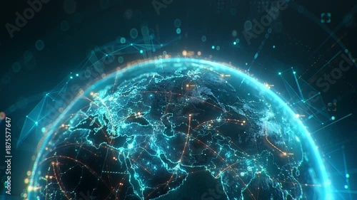 Futuristic digital Earth globe with glowing global network connection lines, big data transfer and cyber security technology over Europe map. 3D concept of worldwide connectivity and globalization