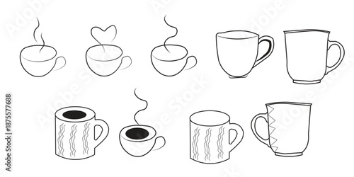 A collection of various coffee mug illustrations in different styles and states