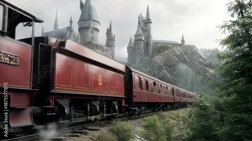 Vintage red steam train travels past large stone castle in landscape scene