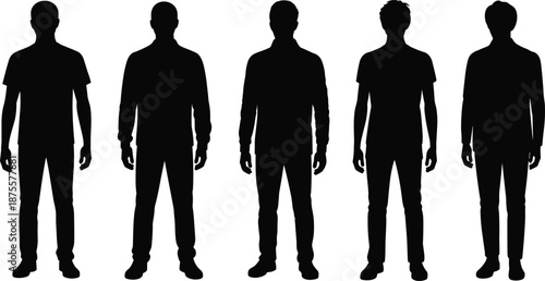 Silhouettes of diverse standing individuals in varied postures and outfits on white background for identity, fashion, posture, and human shape analysis concepts.