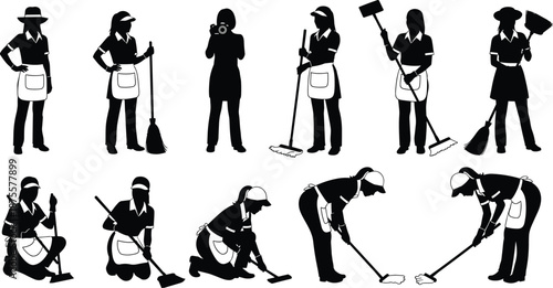 Housekeeping and cleaning staff silhouette set showing janitor maid using tools isolated on white background professional service vector illustration