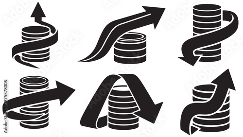 Solid Icon Illustration Of A Folded Arrow Wrapping Around A Stack Of Coins Representing Cash Flow, Returns And The Financial Cycle