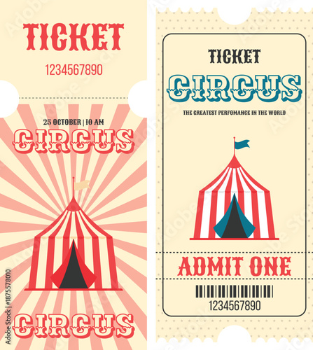 Vintage circus admission tickets featuring striped big top tent and retro typography design elements