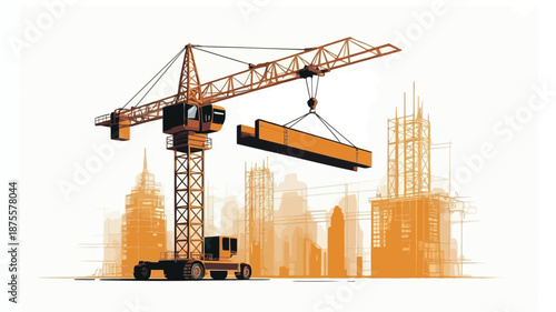 Construction crane lifting beam at modern city building site