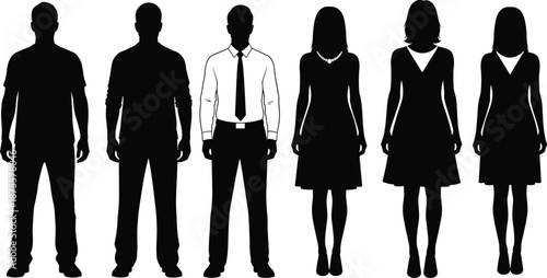 Six alternating male and female silhouettes in varied outfits and postures on white background for gender attire comparison and fashion design themes.