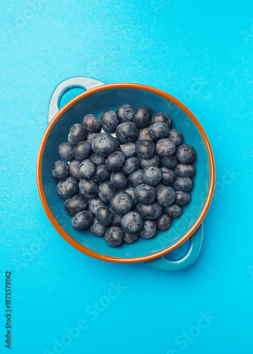 Fresh organic blueberries in a ceramic bowl on a bluish background, healthy super food, perfect for book cover 