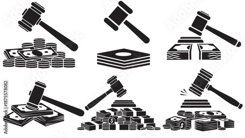 Solid Icon Illustration Of An Auction Gavel Over A Pile Of Money Representing Bidding, Asset Liquidation And Market Sale