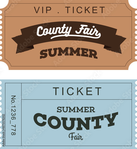 Vintage style summer county fair VIP and general admission ticket designs featuring bold typography