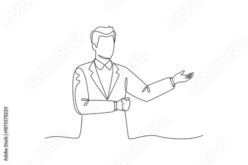 Businessman Explaining Concept with Hand Gesture. Prensenting Concept. Single line draw design. Vector graphic illustration